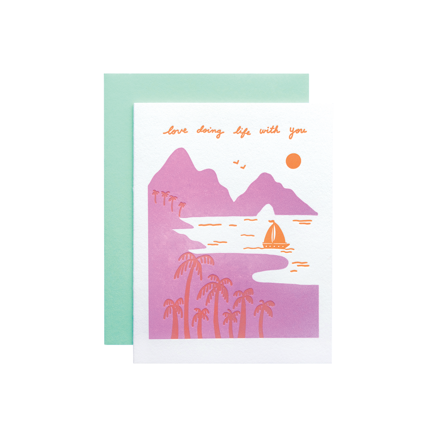 Cute greeting card colorful landscape. Love card.
