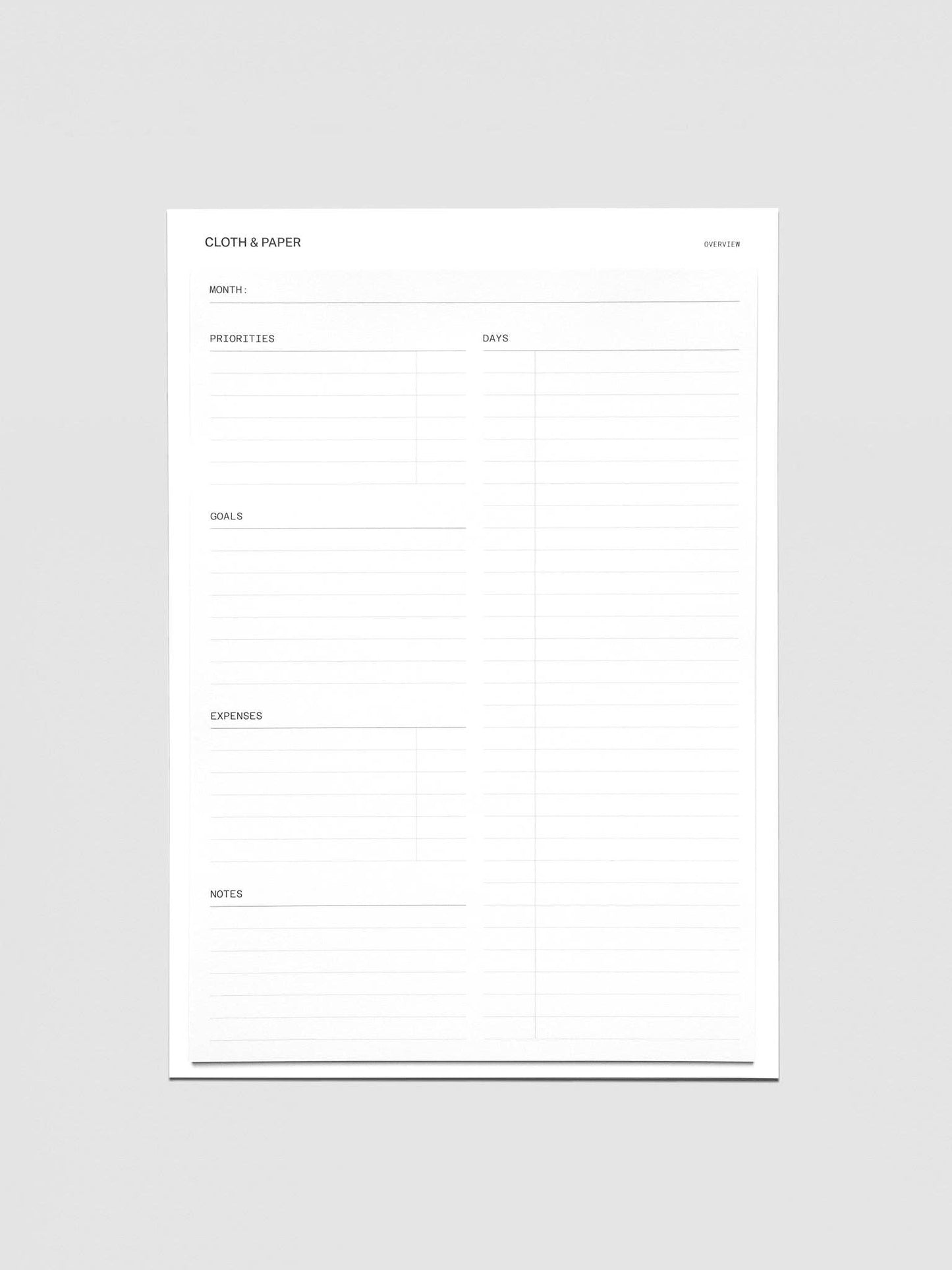 Cloth & Paper - Sticky Note Set - Monthly Overview