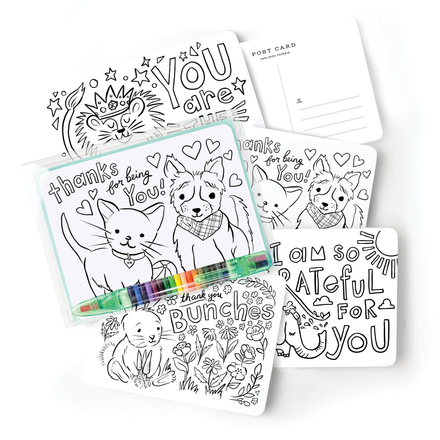 Inklings Paperie - Color-In Postcard Kit - Kids Thank You