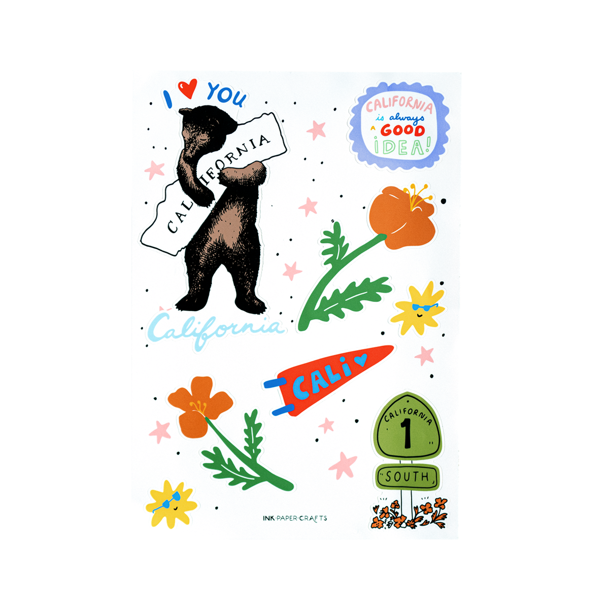 Cali Bear Sticker Sheet | Ink Paper Crafts – Ink.Paper.Crafts